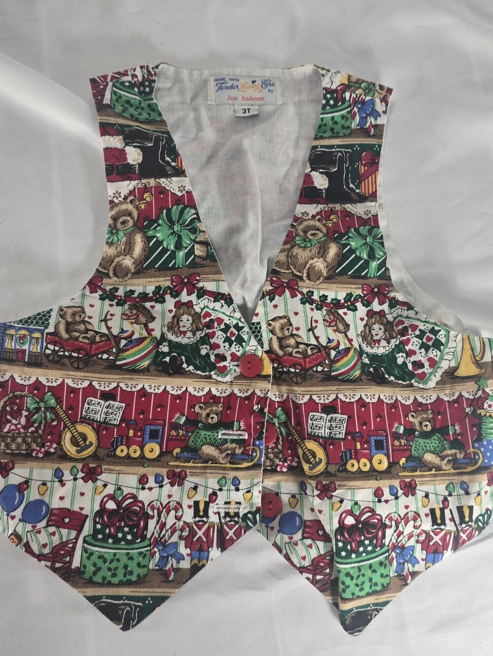 Vintage Christmas Toddler Vest 3T Handmade Teddy Bear Toy Print Holiday Vest